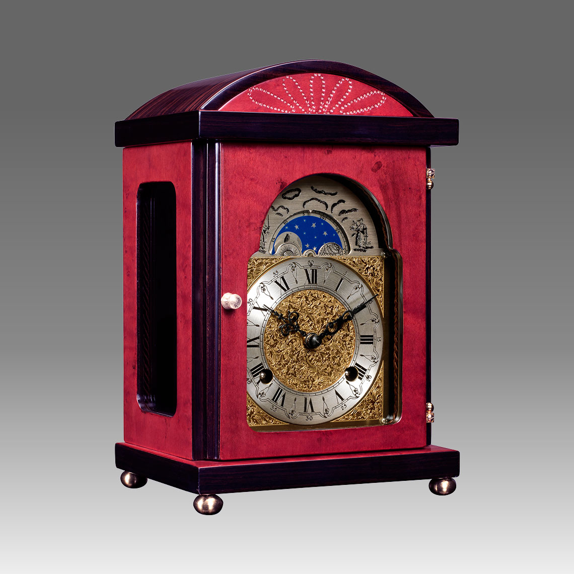 Mante Clock, Table Clock, Cimn Clock, Art.340/6 Erable red wood - Bim Bam melody on Bells, eatched decorated moon fase dial